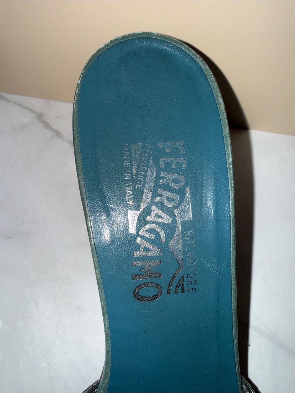 Salvatore Ferragamo Teal Leather Buckle Slide Mules - Picture 7 of 12